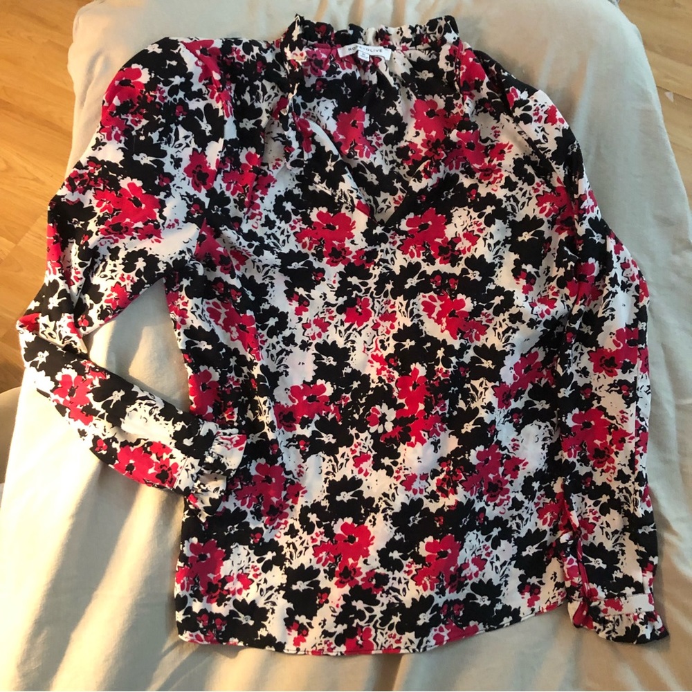 Pretty Black, Pink, and Cream Long Sleeve Blouse
